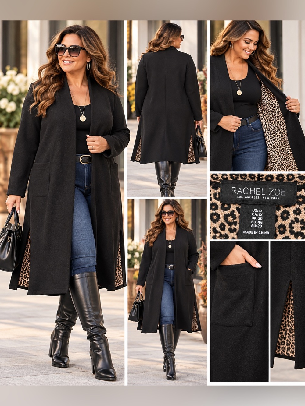 RACHEL ZOE 1X Black Long Coat with Leopard Print Lining